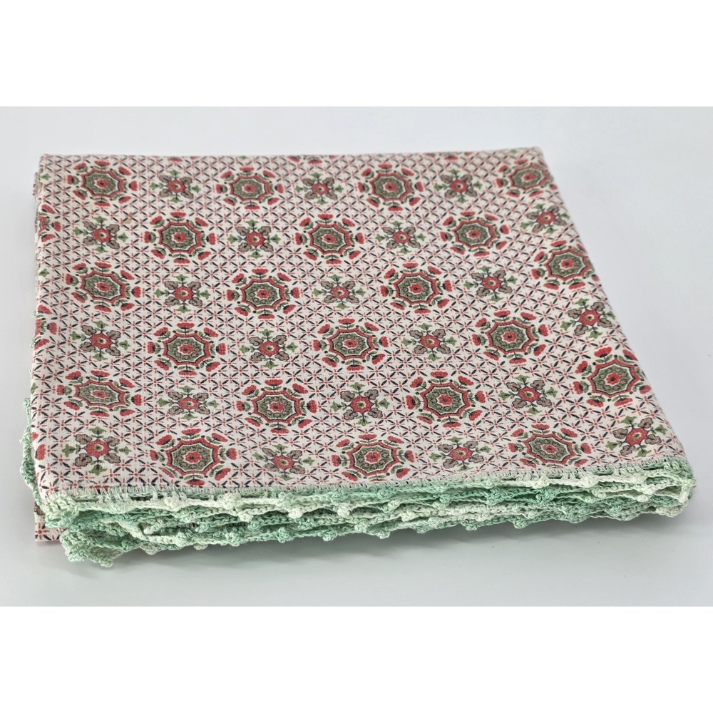 VTG Tablecloth Table Topper Square Card Table Red Mint Green Crochet Cottage 35"